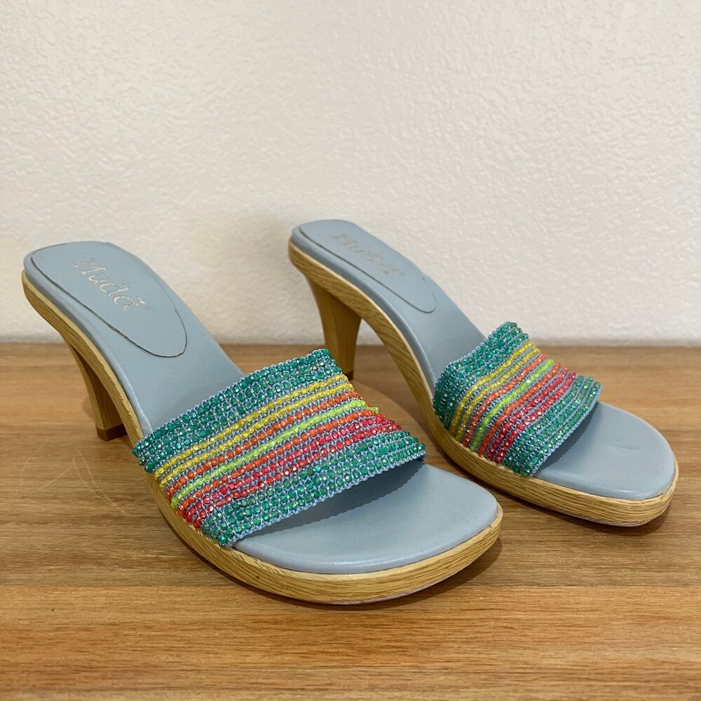 Mudd Vintage Shenna Rainbow Beaded Wood Detail Heels Light Blue 90s Y2K Size 10